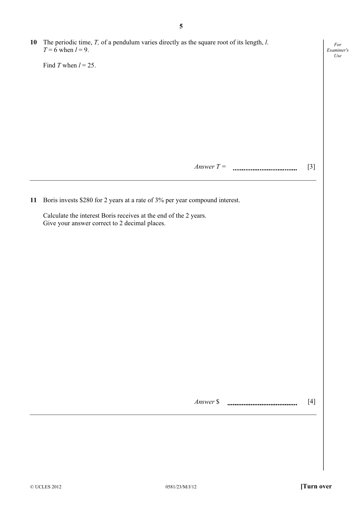 Cambridge IGCSE Mathematics (with coursework) 0581 2012 May/June Paper 2 · Variant 3 question paper, page 5 of 12