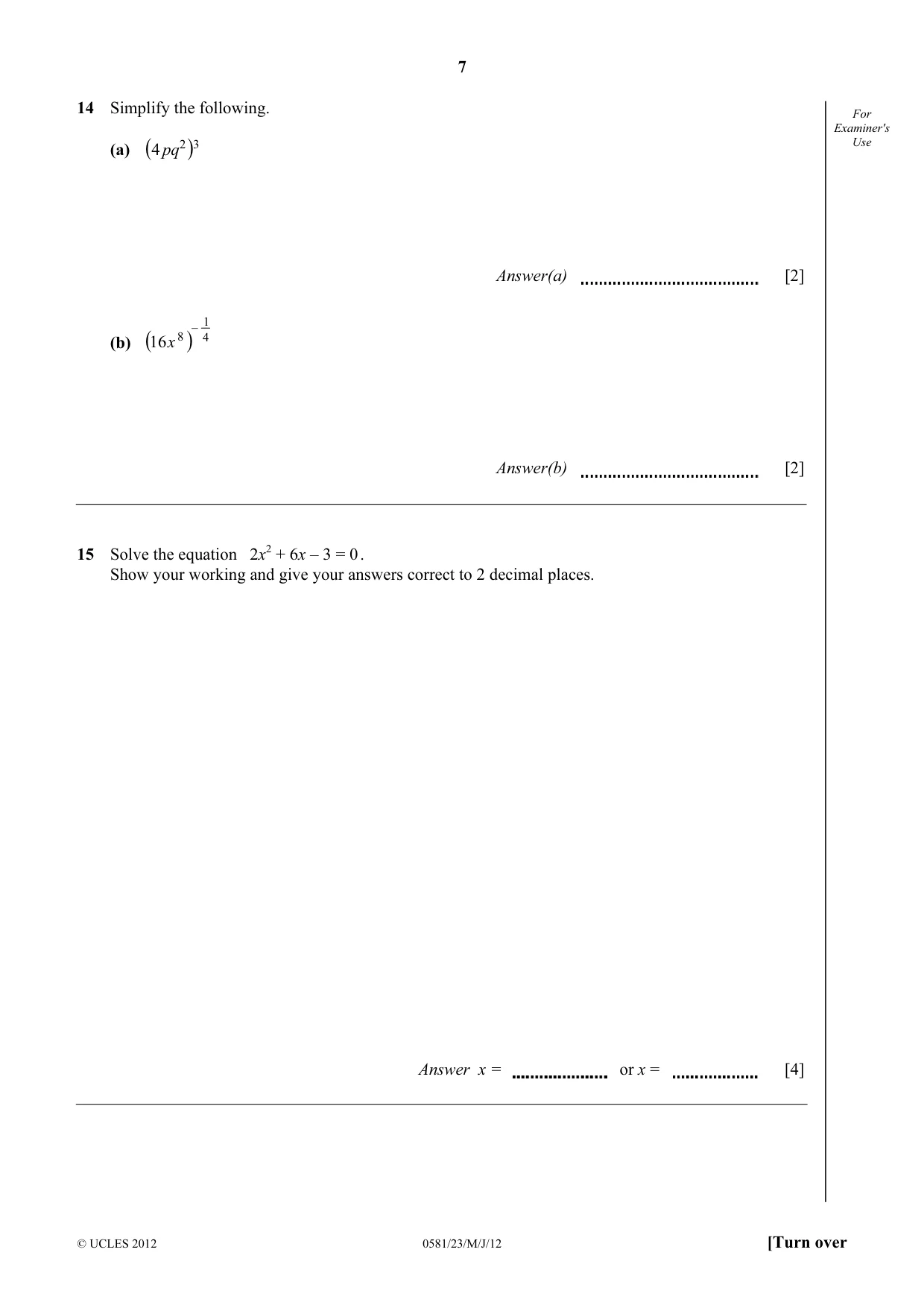 Cambridge IGCSE Mathematics (with coursework) 0581 2012 May/June Paper 2 · Variant 3 question paper, page 7 of 12