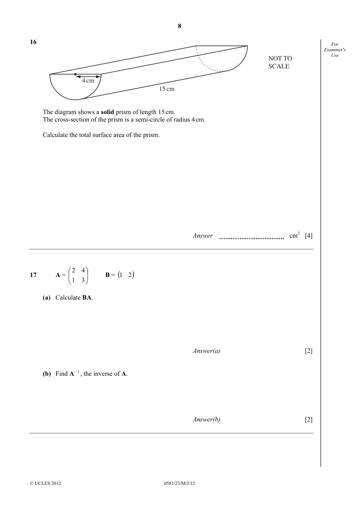 Cambridge IGCSE Mathematics (with coursework) 0581 2012 May/June Paper 2 · Variant 3 question paper, page 8 of 12