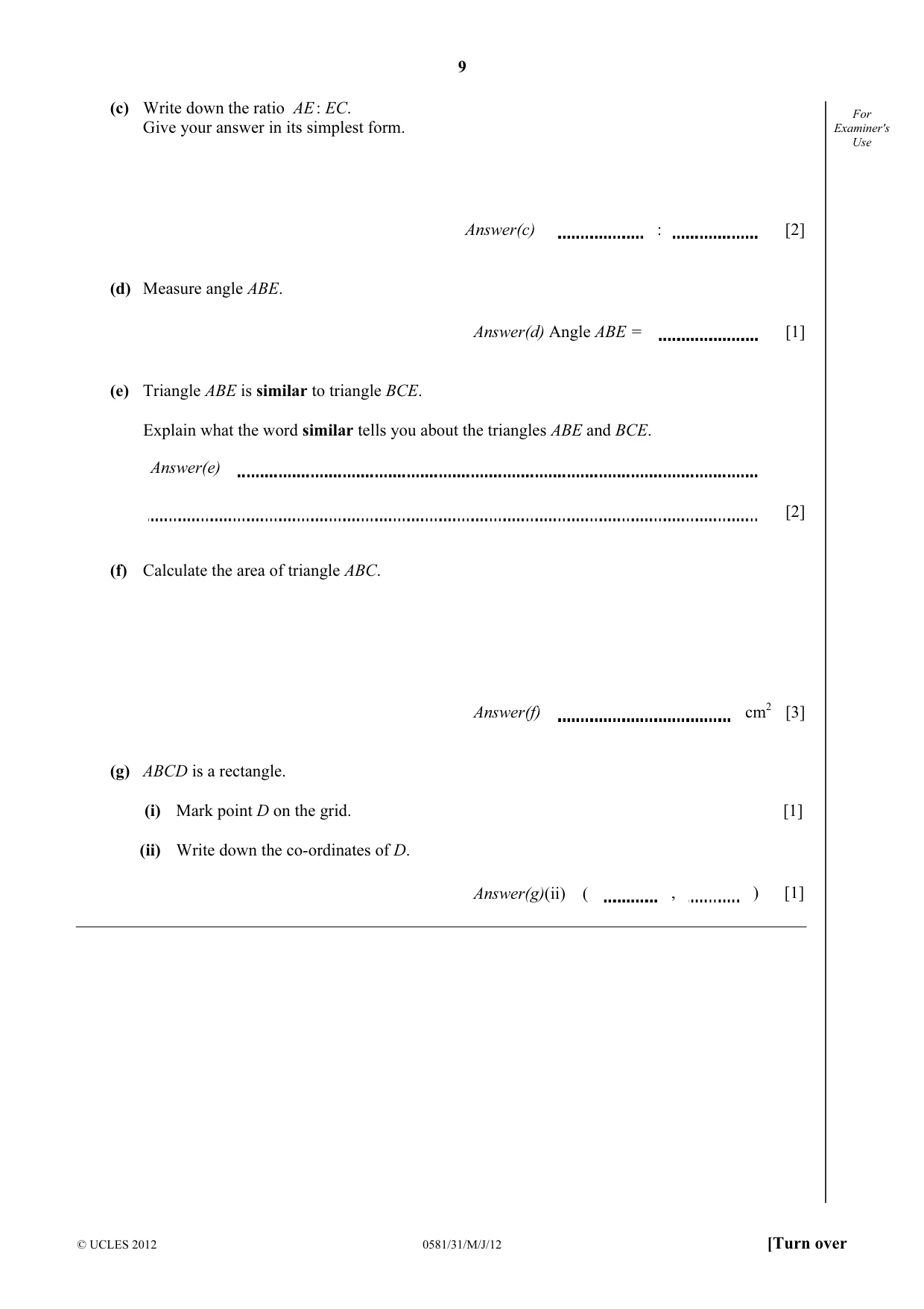 Cambridge IGCSE Mathematics (with coursework) 0581 2012 May/June Paper 3 · Variant 1 question paper, page 9 of 16