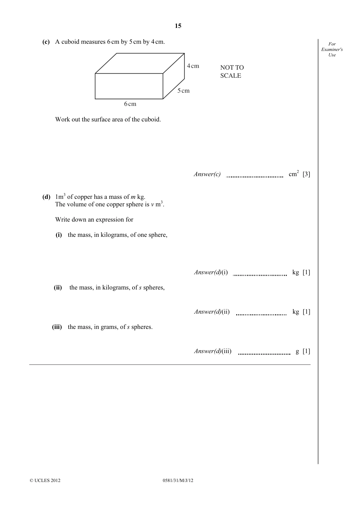 Cambridge IGCSE Mathematics (with coursework) 0581 2012 May/June Paper 3 · Variant 1 question paper, page 15 of 16