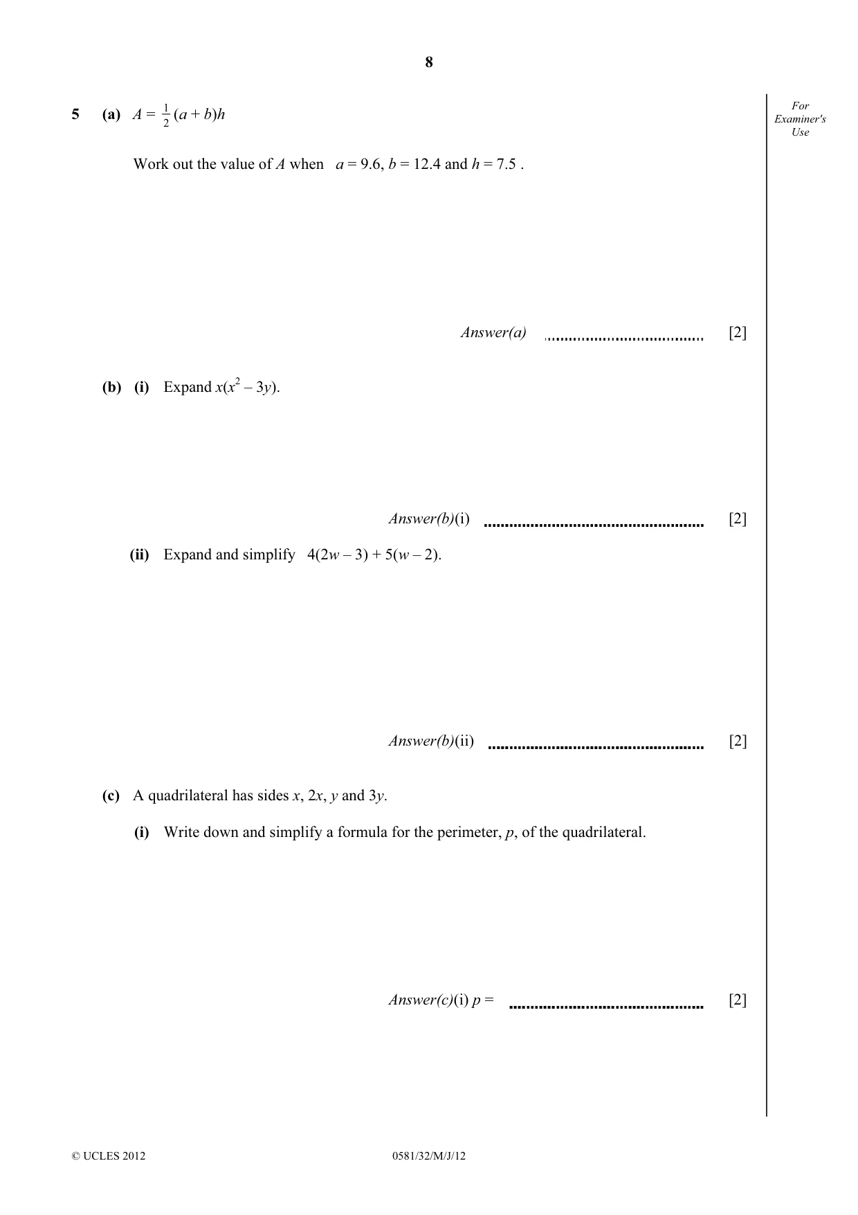 Cambridge IGCSE Mathematics (with coursework) 0581 2012 May/June Paper 3 · Variant 2 question paper, page 8 of 16