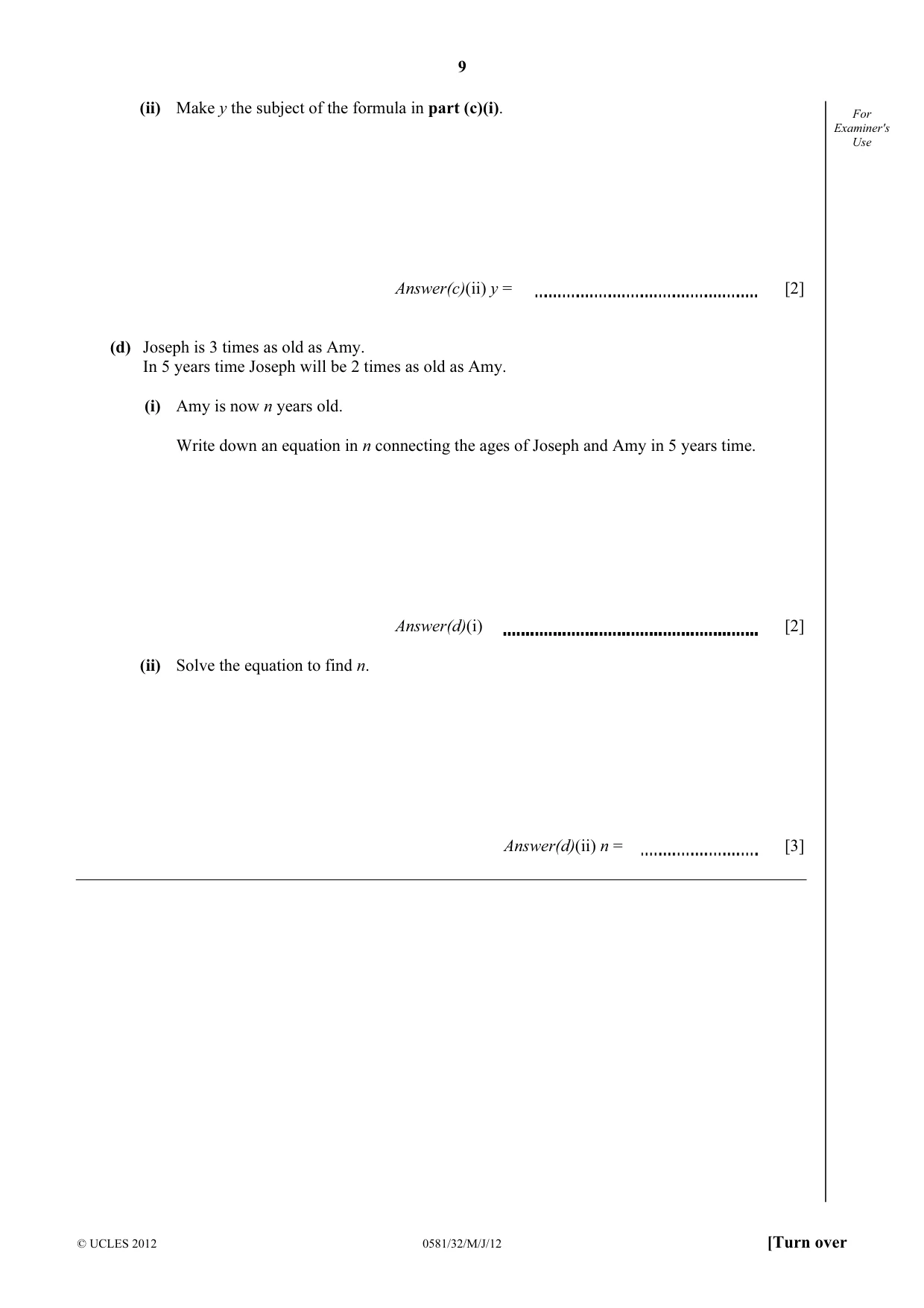 Cambridge IGCSE Mathematics (with coursework) 0581 2012 May/June Paper 3 · Variant 2 question paper, page 9 of 16
