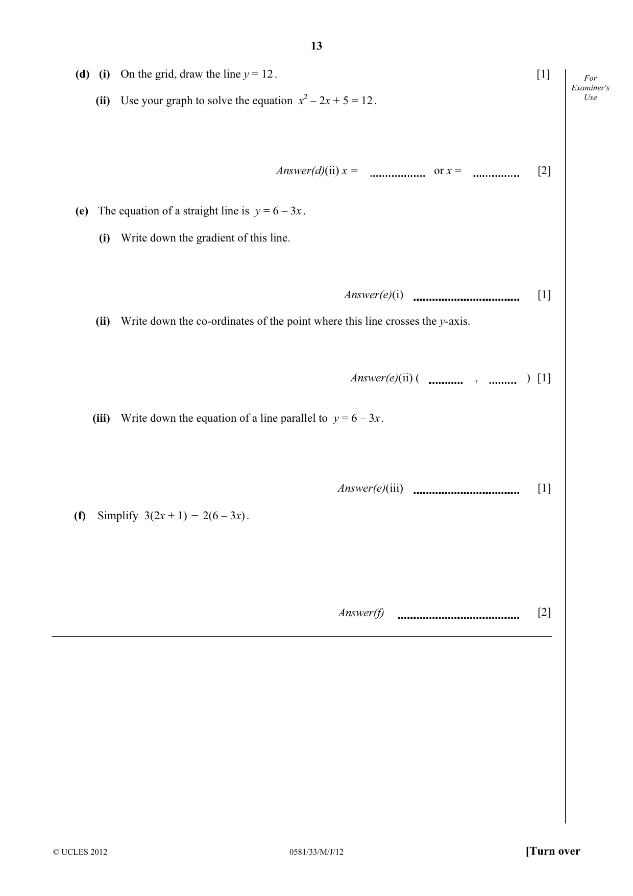 Cambridge IGCSE Mathematics (with coursework) 0581 2012 May/June Paper 3 · Variant 3 question paper, page 13 of 16