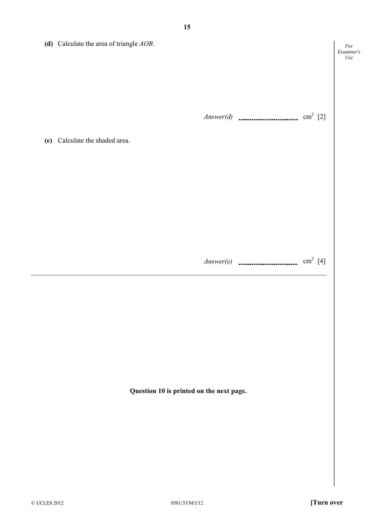 Cambridge IGCSE Mathematics (with coursework) 0581 2012 May/June Paper 3 · Variant 3 question paper, page 15 of 16