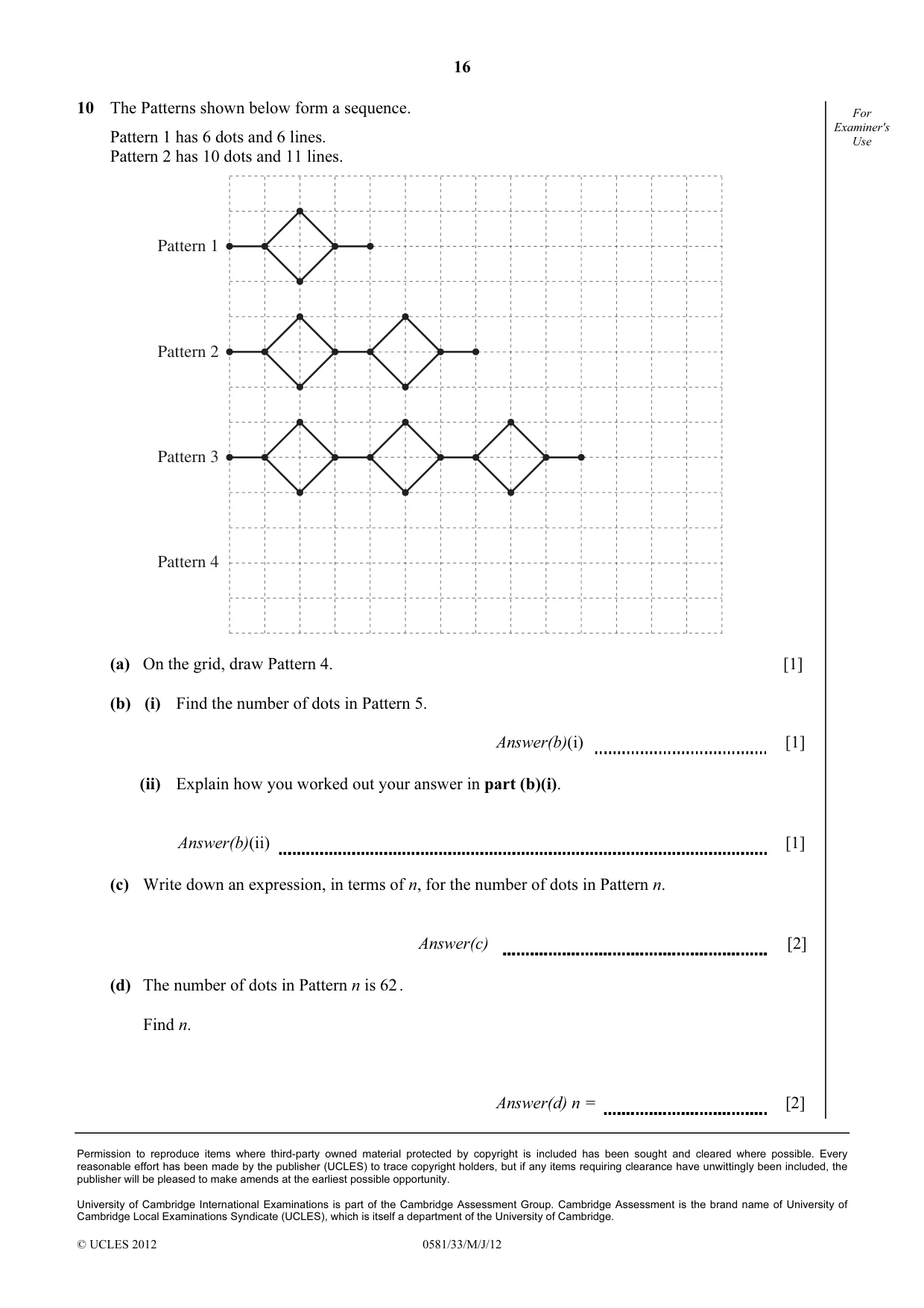 Cambridge IGCSE Mathematics (with coursework) 0581 2012 May/June Paper 3 · Variant 3 question paper, page 16 of 16
