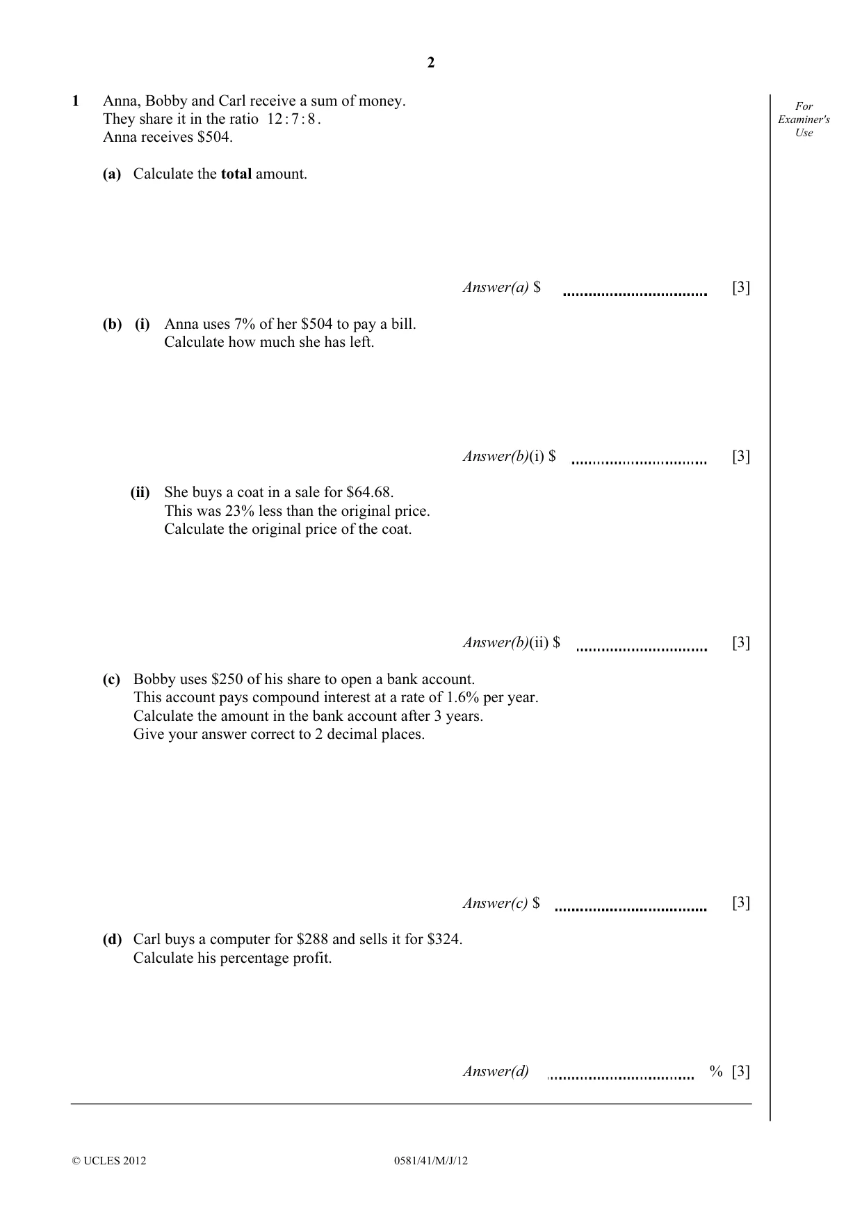 Cambridge IGCSE Mathematics (with coursework) 0581 2012 May/June Paper 4 · Variant 1 question paper, page 2 of 16