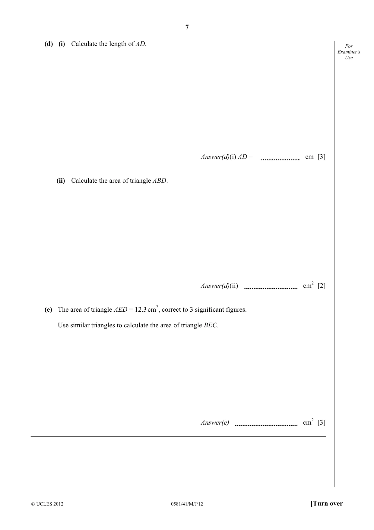Cambridge IGCSE Mathematics (with coursework) 0581 2012 May/June Paper 4 · Variant 1 question paper, page 7 of 16