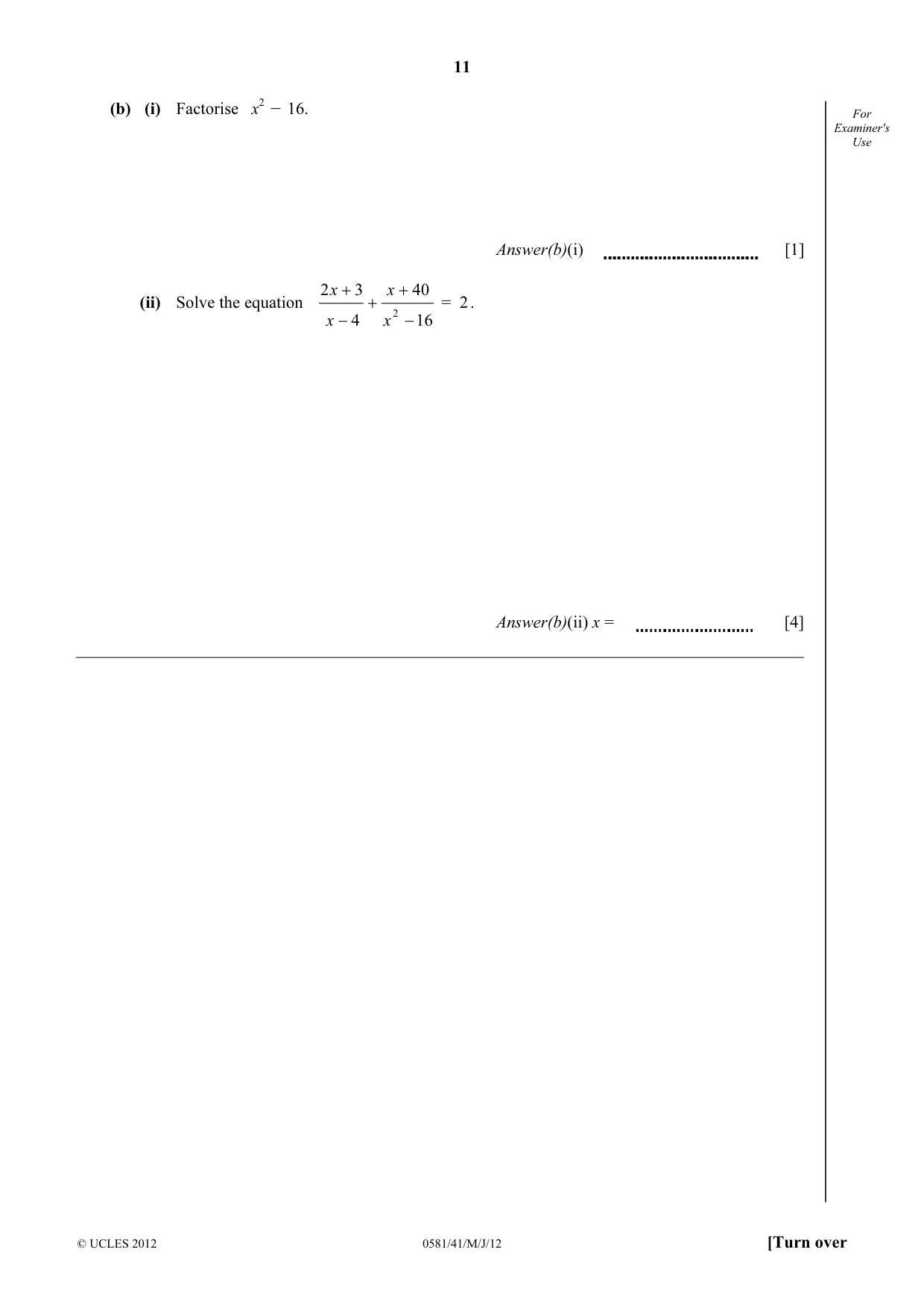 Cambridge IGCSE Mathematics (with coursework) 0581 2012 May/June Paper 4 · Variant 1 question paper, page 11 of 16