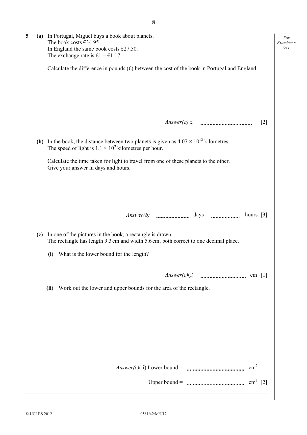 Cambridge IGCSE Mathematics (with coursework) 0581 2012 May/June Paper 4 · Variant 2 question paper, page 8 of 16