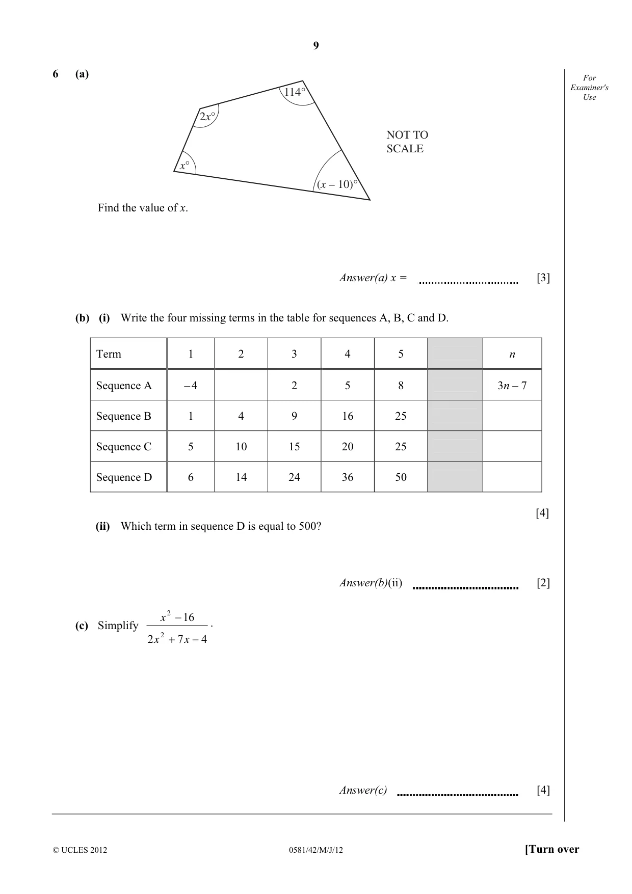 Cambridge IGCSE Mathematics (with coursework) 0581 2012 May/June Paper 4 · Variant 2 question paper, page 9 of 16