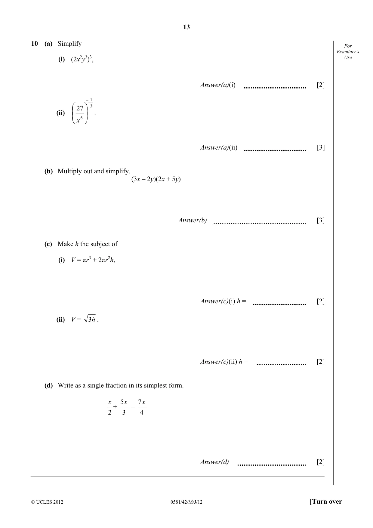 Cambridge IGCSE Mathematics (with coursework) 0581 2012 May/June Paper 4 · Variant 2 question paper, page 13 of 16