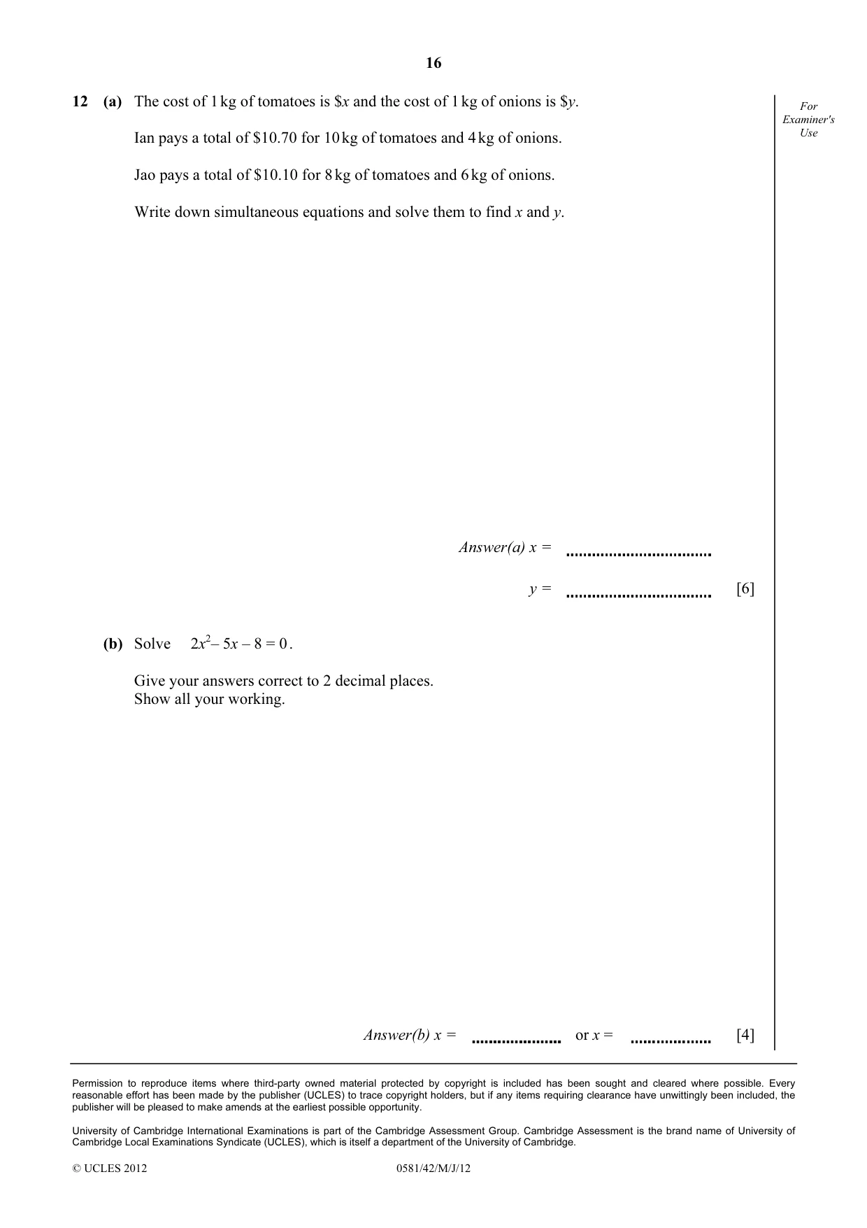 Cambridge IGCSE Mathematics (with coursework) 0581 2012 May/June Paper 4 · Variant 2 question paper, page 16 of 16