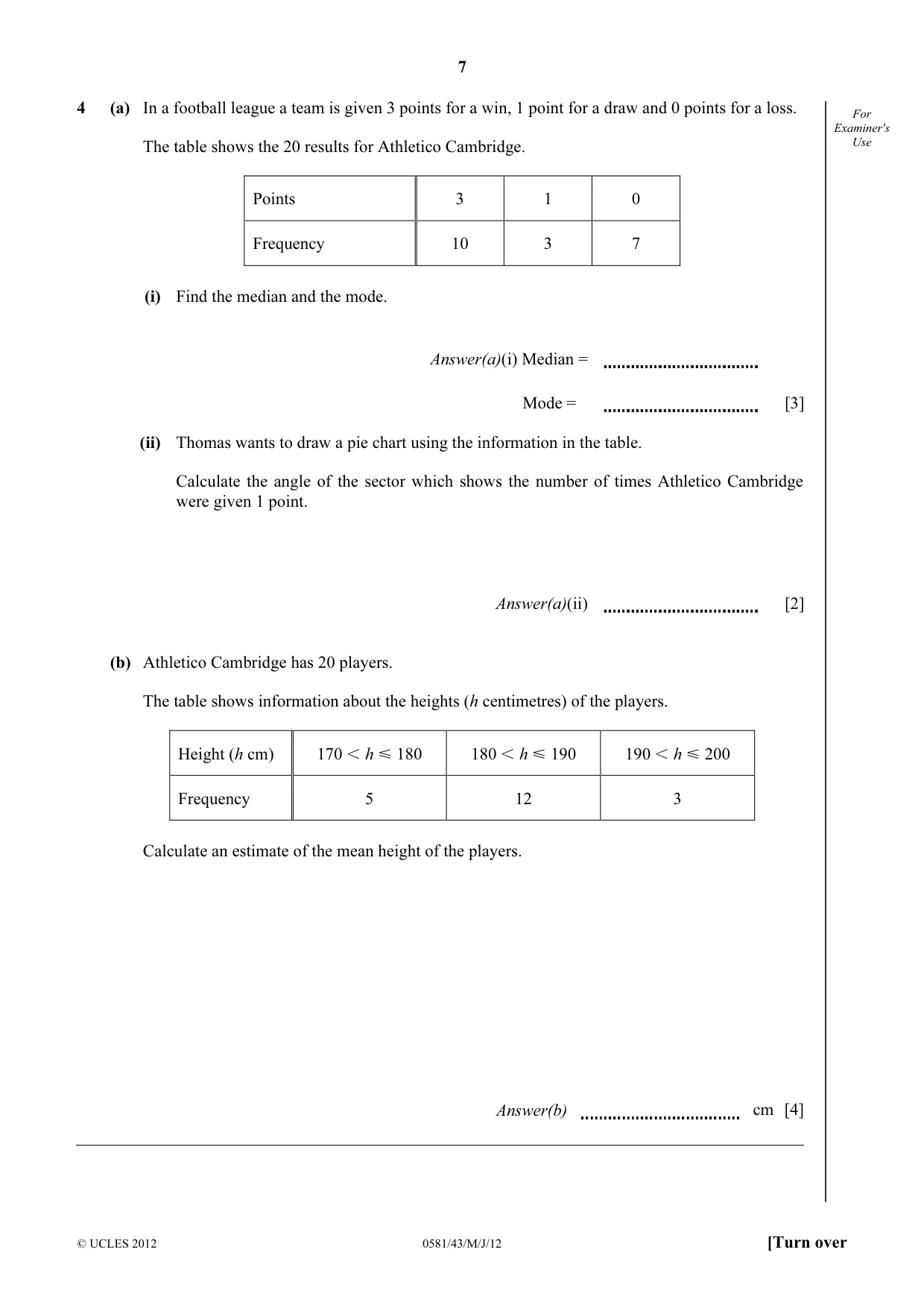 Cambridge IGCSE Mathematics (with coursework) 0581 2012 May/June Paper 4 · Variant 3 question paper, page 7 of 20