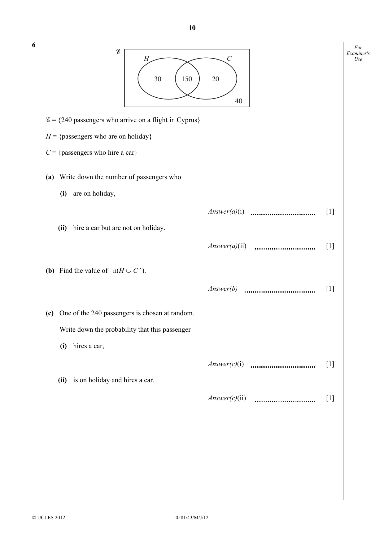 Cambridge IGCSE Mathematics (with coursework) 0581 2012 May/June Paper 4 · Variant 3 question paper, page 10 of 20