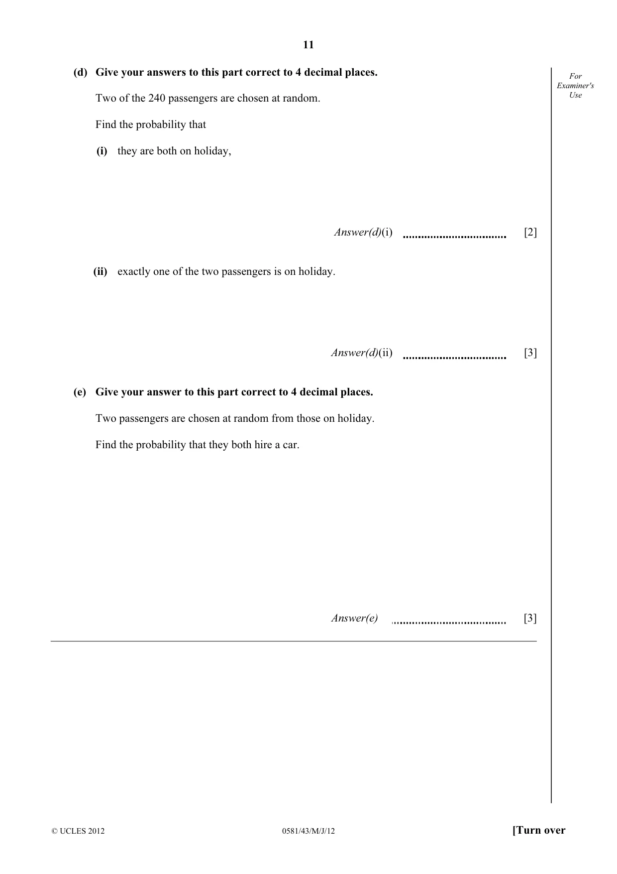 Cambridge IGCSE Mathematics (with coursework) 0581 2012 May/June Paper 4 · Variant 3 question paper, page 11 of 20