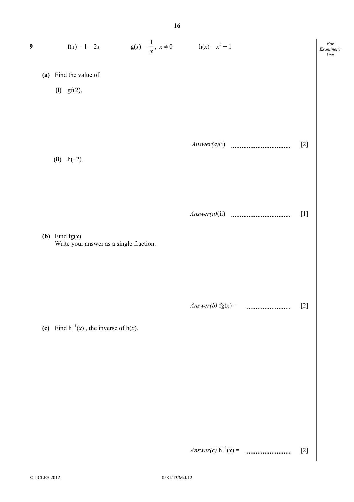 Cambridge IGCSE Mathematics (with coursework) 0581 2012 May/June Paper 4 · Variant 3 question paper, page 16 of 20