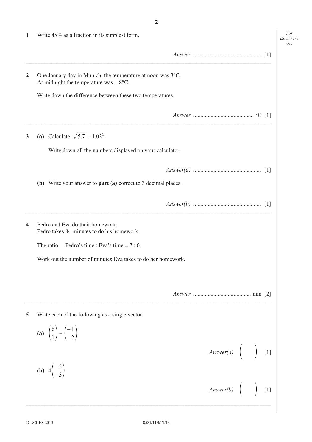 Cambridge IGCSE Mathematics (with coursework) 0581 2013 May/June Paper 1 · Variant 1 question paper, page 2 of 8
