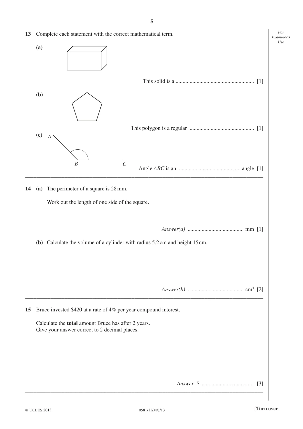 Cambridge IGCSE Mathematics (with coursework) 0581 2013 May/June Paper 1 · Variant 1 question paper, page 5 of 8