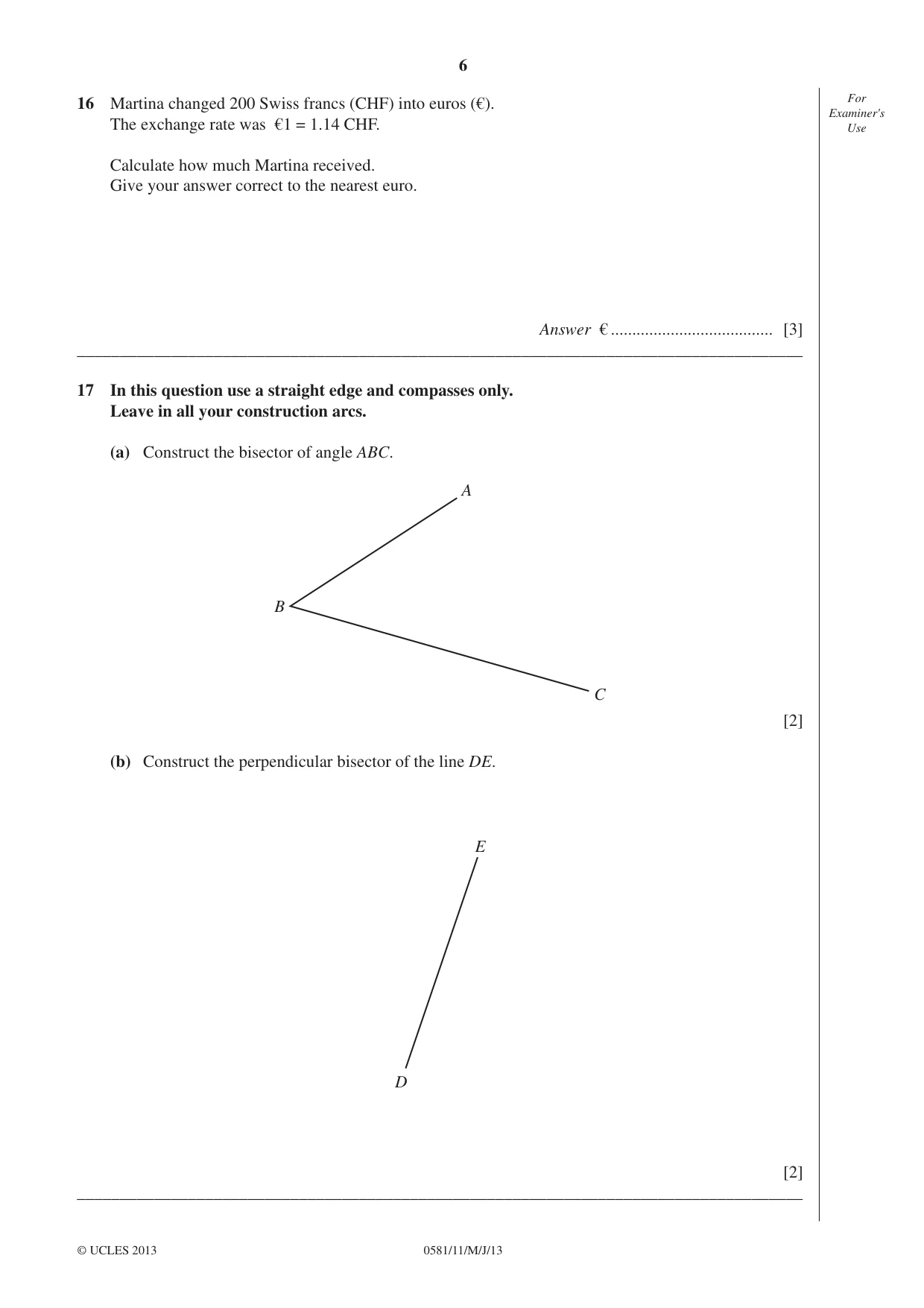 Cambridge IGCSE Mathematics (with coursework) 0581 2013 May/June Paper 1 · Variant 1 question paper, page 6 of 8