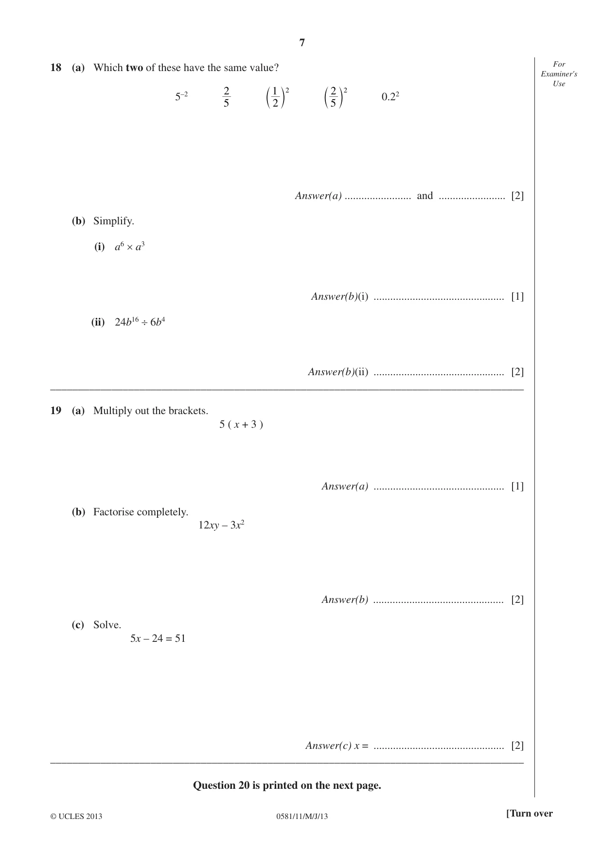 Cambridge IGCSE Mathematics (with coursework) 0581 2013 May/June Paper 1 · Variant 1 question paper, page 7 of 8