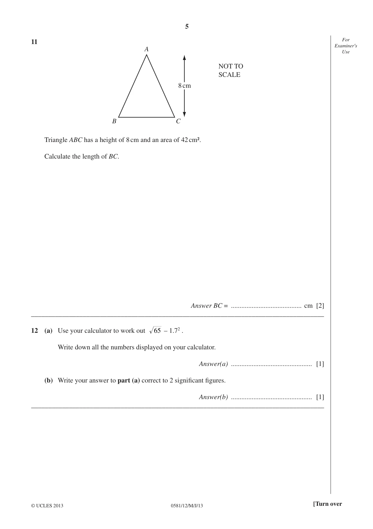 Cambridge IGCSE Mathematics (with coursework) 0581 2013 May/June Paper 1 · Variant 2 question paper, page 5 of 12