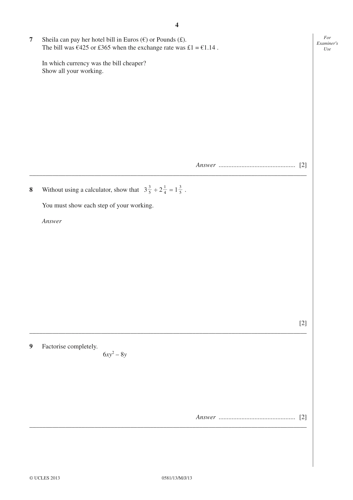 Cambridge IGCSE Mathematics (with coursework) 0581 2013 May/June Paper 1 · Variant 3 question paper, page 4 of 12