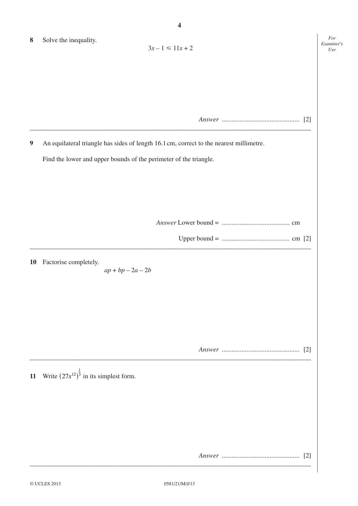 Cambridge IGCSE Mathematics (with coursework) 0581 2013 May/June Paper 2 · Variant 1 question paper, page 4 of 12
