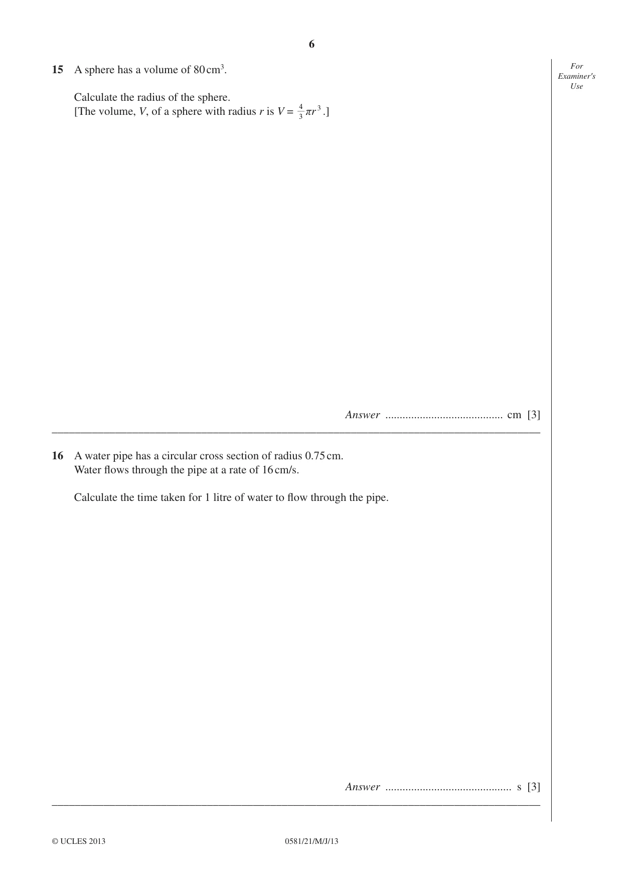 Cambridge IGCSE Mathematics (with coursework) 0581 2013 May/June Paper 2 · Variant 1 question paper, page 6 of 12