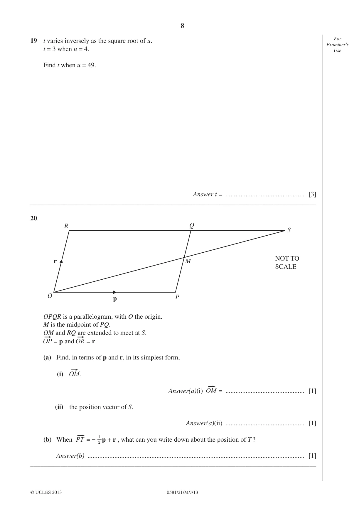Cambridge IGCSE Mathematics (with coursework) 0581 2013 May/June Paper 2 · Variant 1 question paper, page 8 of 12