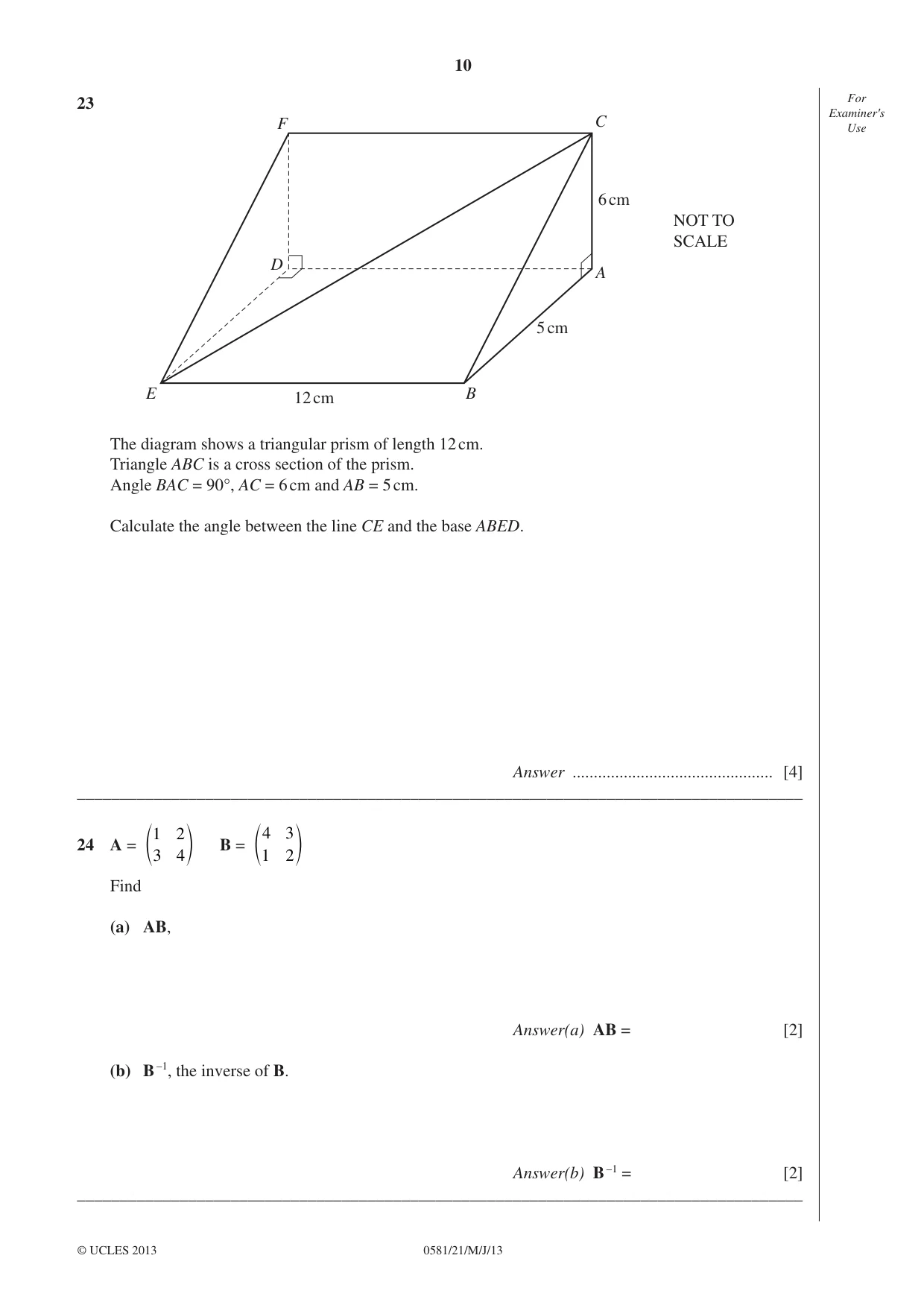 Cambridge IGCSE Mathematics (with coursework) 0581 2013 May/June Paper 2 · Variant 1 question paper, page 10 of 12