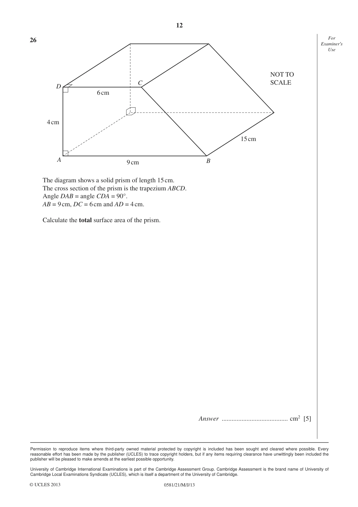 Cambridge IGCSE Mathematics (with coursework) 0581 2013 May/June Paper 2 · Variant 1 question paper, page 12 of 12