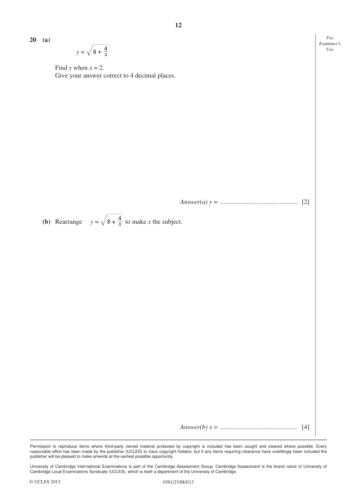 Cambridge IGCSE Mathematics (with coursework) 0581 2013 May/June Paper 2 · Variant 3 question paper, page 12 of 12