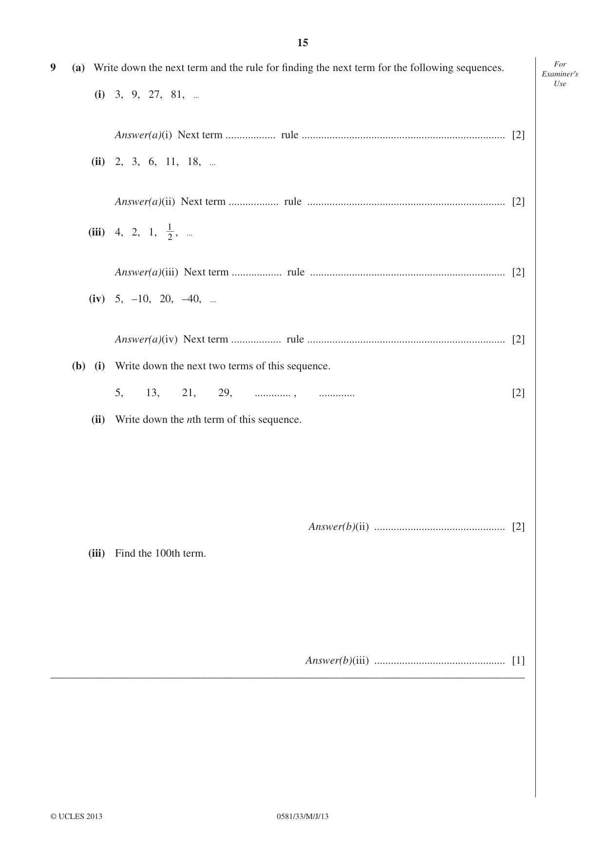 Cambridge IGCSE Mathematics (with coursework) 0581 2013 May/June Paper 3 · Variant 3 question paper, page 15 of 16