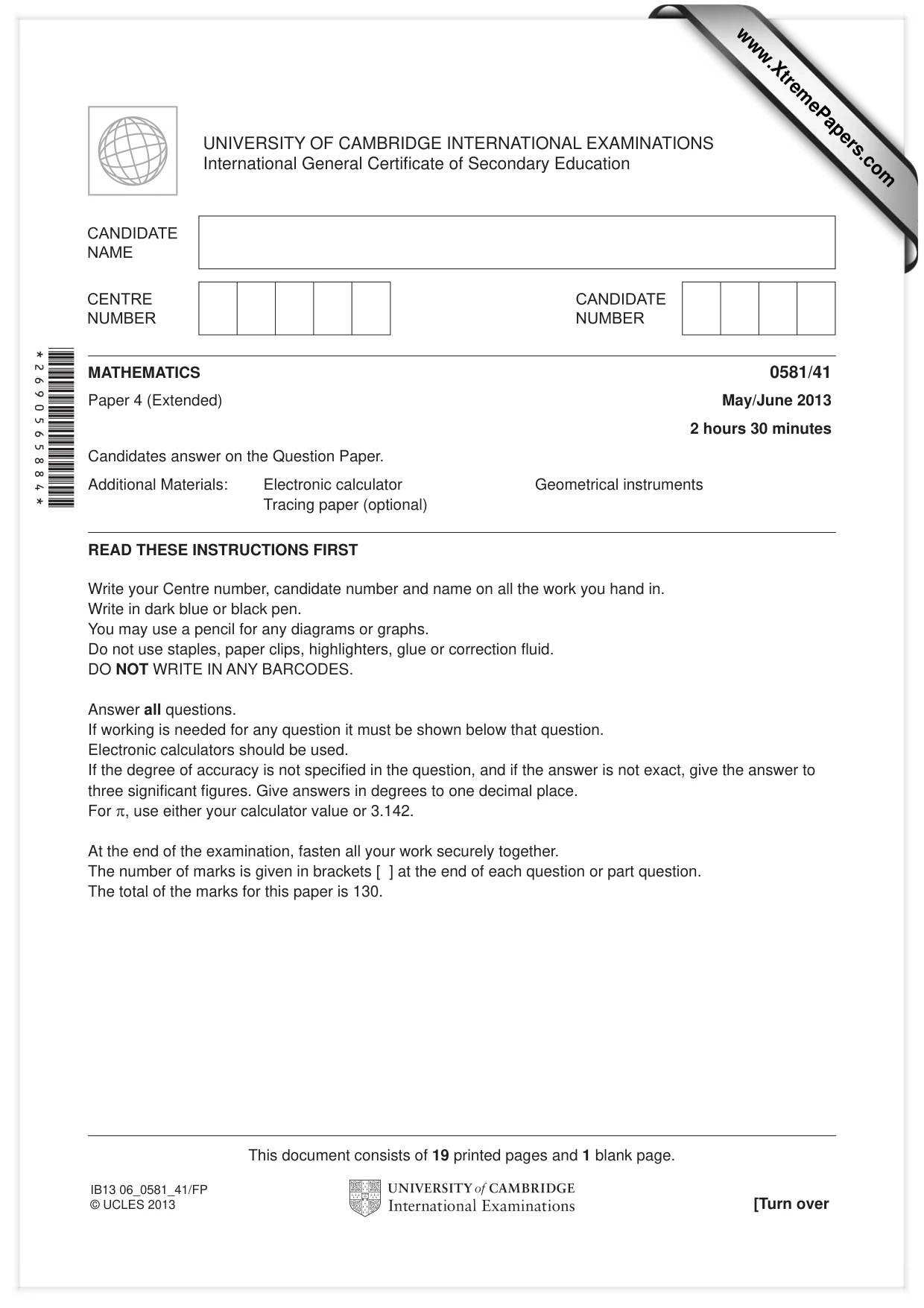 Cambridge IGCSE Mathematics (with coursework) 0581 2013 May/June Paper 4 · Variant 1 question paper, page 1 of 20