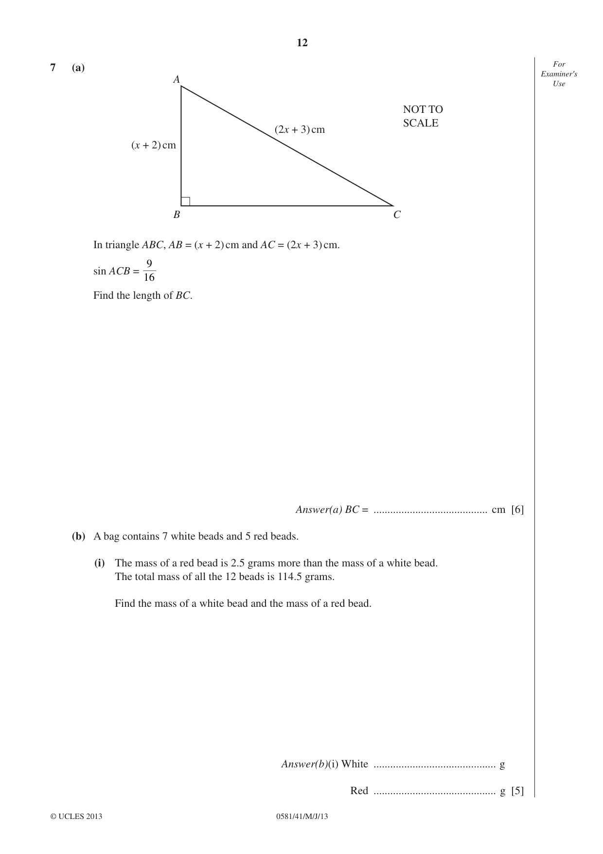 Cambridge IGCSE Mathematics (with coursework) 0581 2013 May/June Paper 4 · Variant 1 question paper, page 12 of 20