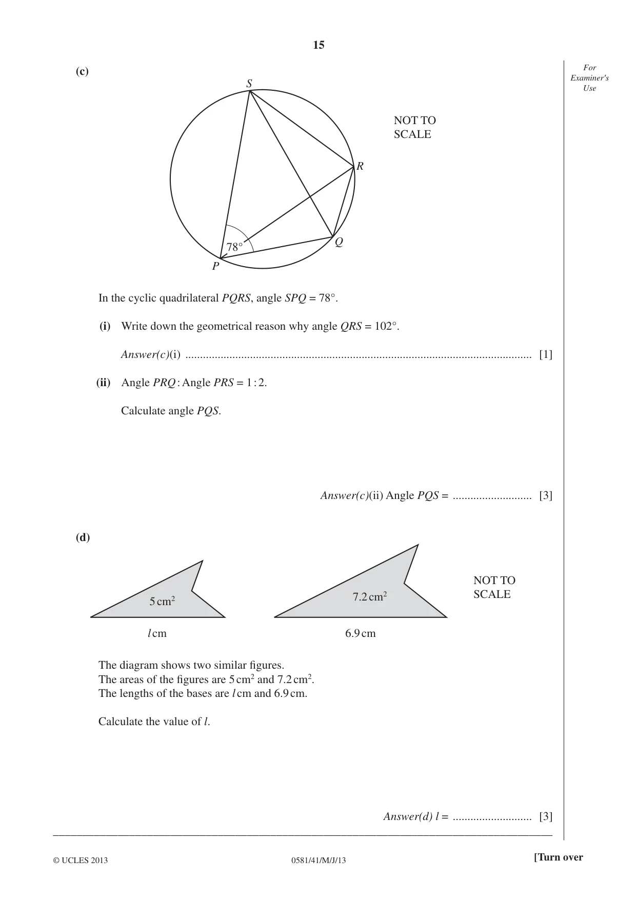 Cambridge IGCSE Mathematics (with coursework) 0581 2013 May/June Paper 4 · Variant 1 question paper, page 15 of 20
