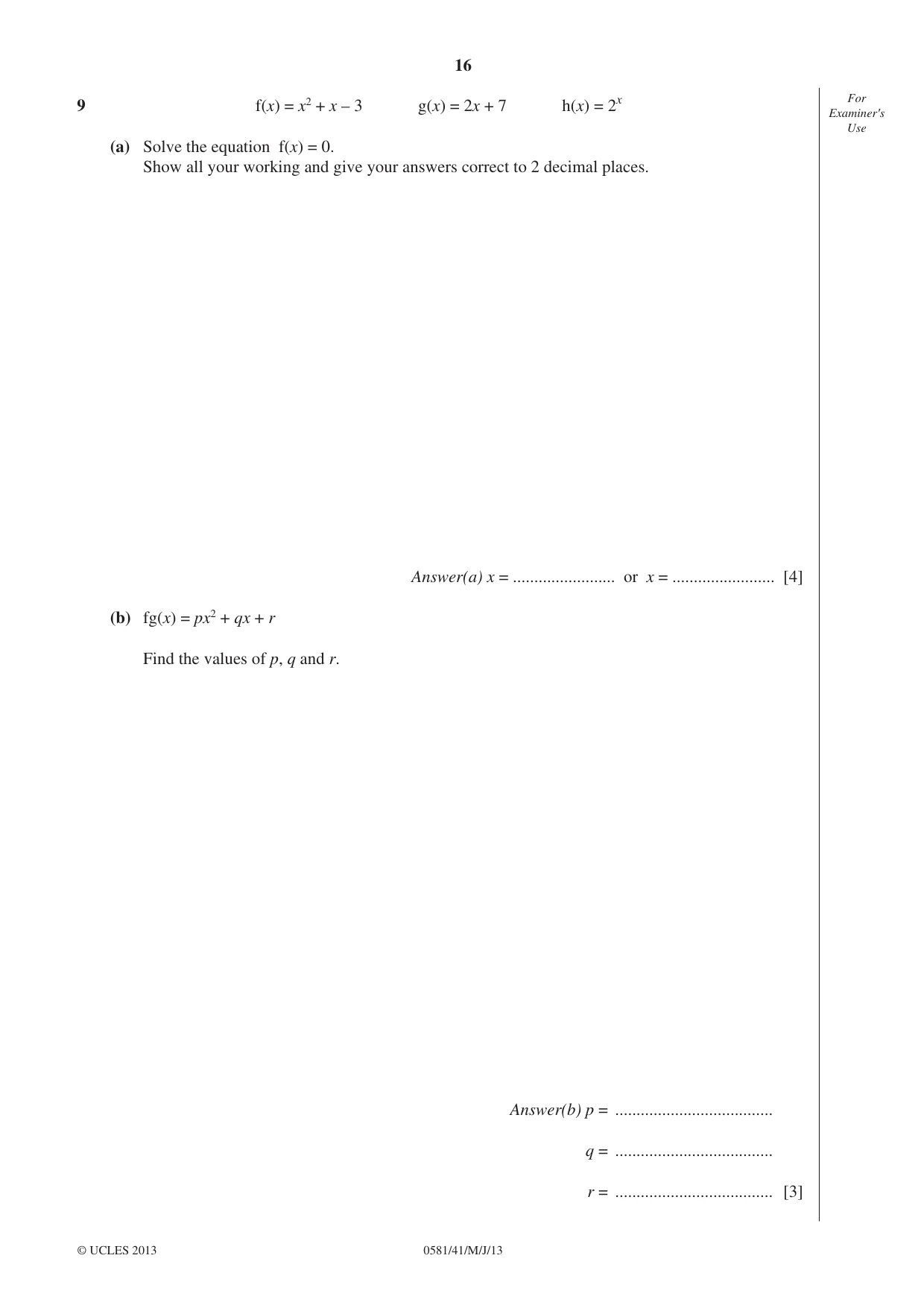Cambridge IGCSE Mathematics (with coursework) 0581 2013 May/June Paper 4 · Variant 1 question paper, page 16 of 20