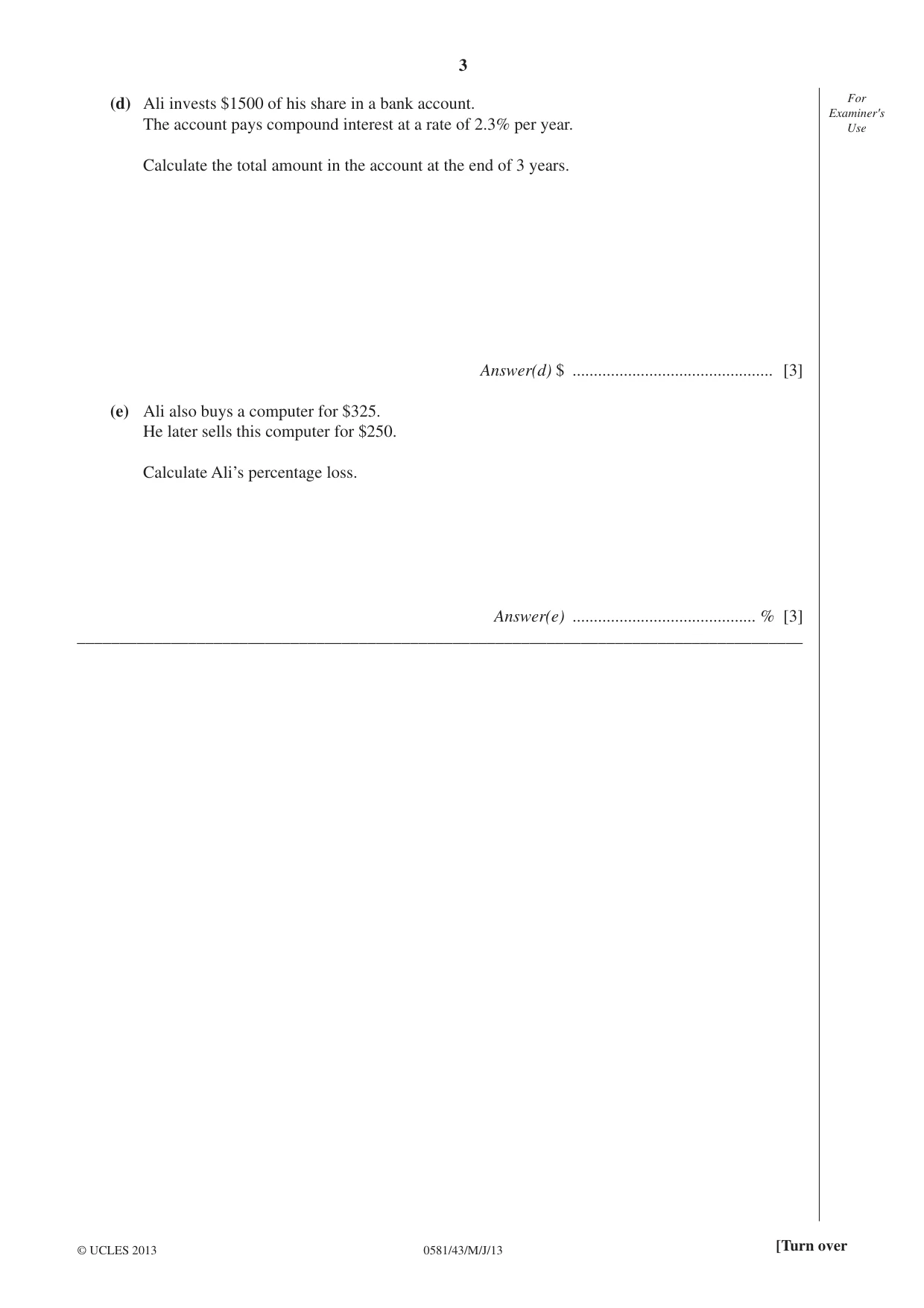 Cambridge IGCSE Mathematics (with coursework) 0581 2013 May/June Paper 4 · Variant 3 question paper, page 3 of 20