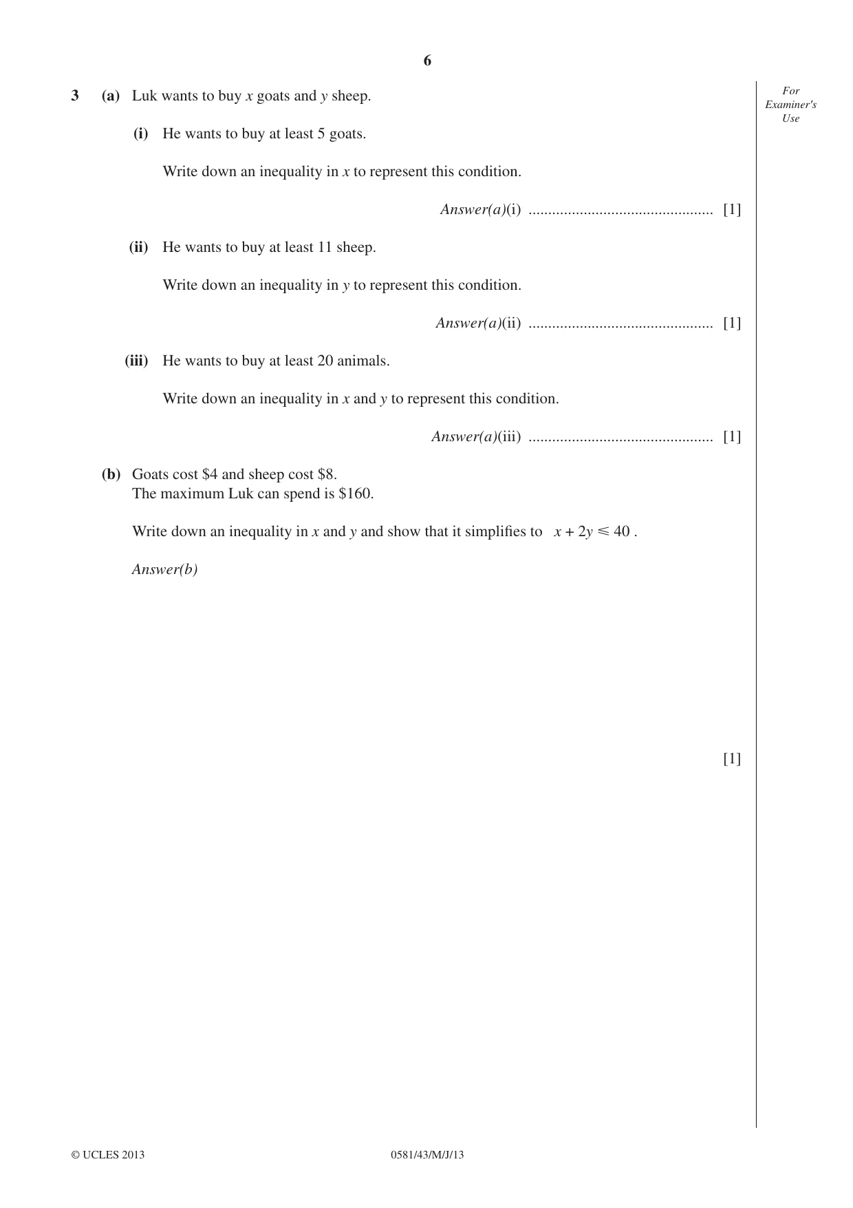 Cambridge IGCSE Mathematics (with coursework) 0581 2013 May/June Paper 4 · Variant 3 question paper, page 6 of 20