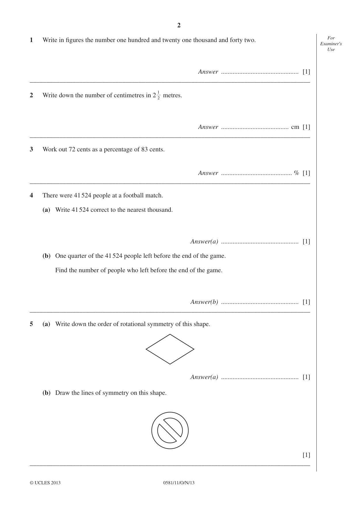 Cambridge IGCSE Mathematics (with coursework) 0581 2013 Oct/Nov Paper 1 · Variant 1 question paper, page 2 of 12
