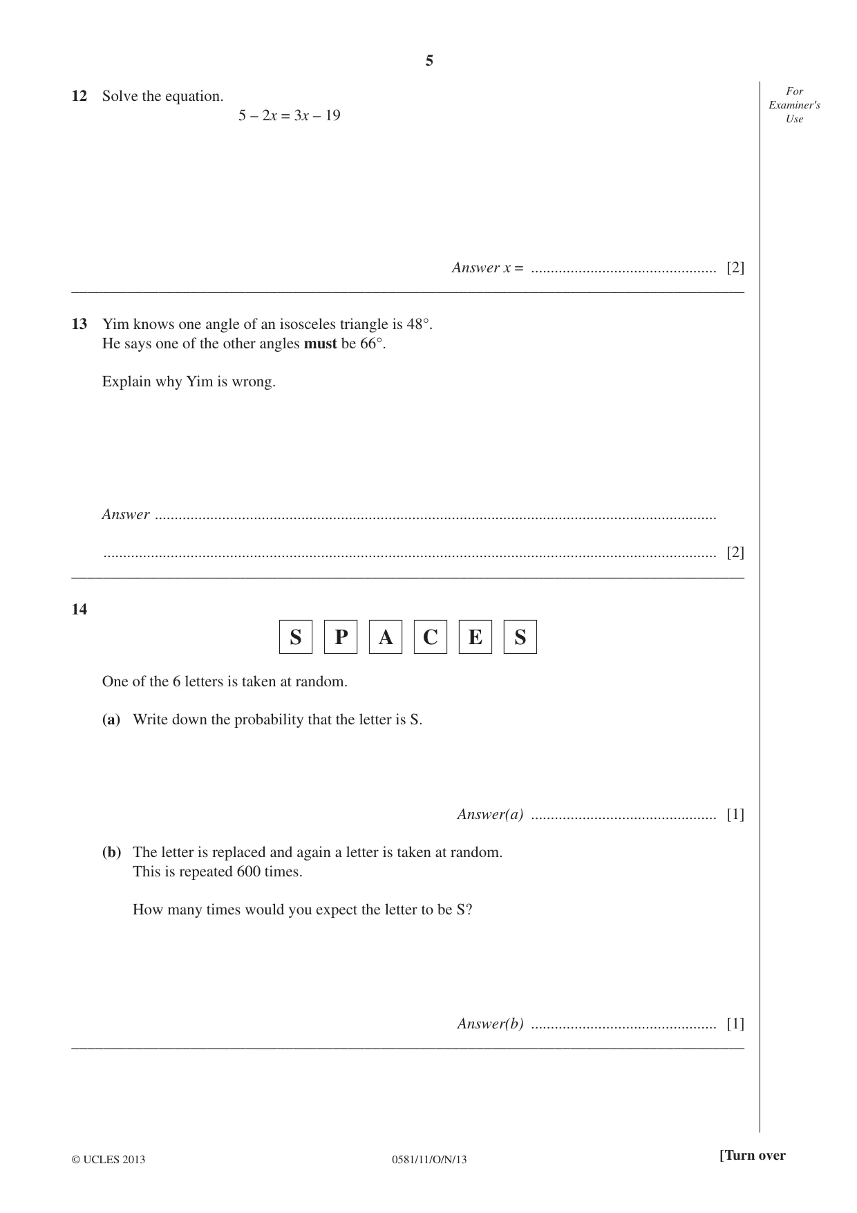 Cambridge IGCSE Mathematics (with coursework) 0581 2013 Oct/Nov Paper 1 · Variant 1 question paper, page 5 of 12