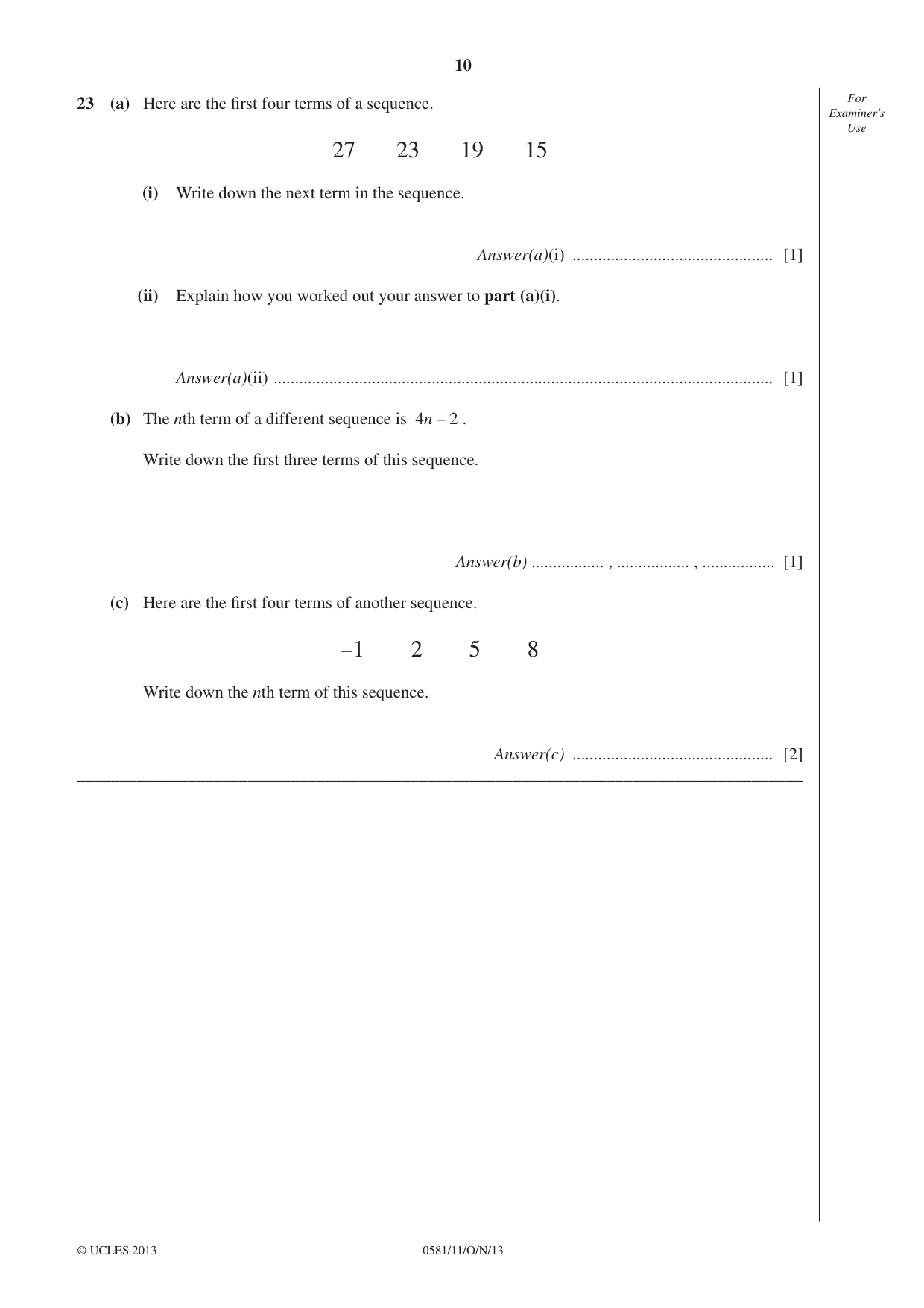 Cambridge IGCSE Mathematics (with coursework) 0581 2013 Oct/Nov Paper 1 · Variant 1 question paper, page 10 of 12