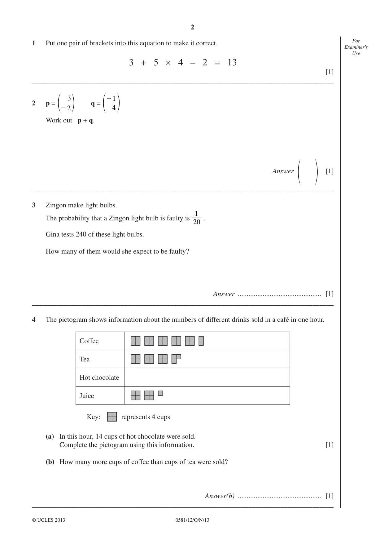 Cambridge IGCSE Mathematics (with coursework) 0581 2013 Oct/Nov Paper 1 · Variant 2 question paper, page 2 of 12