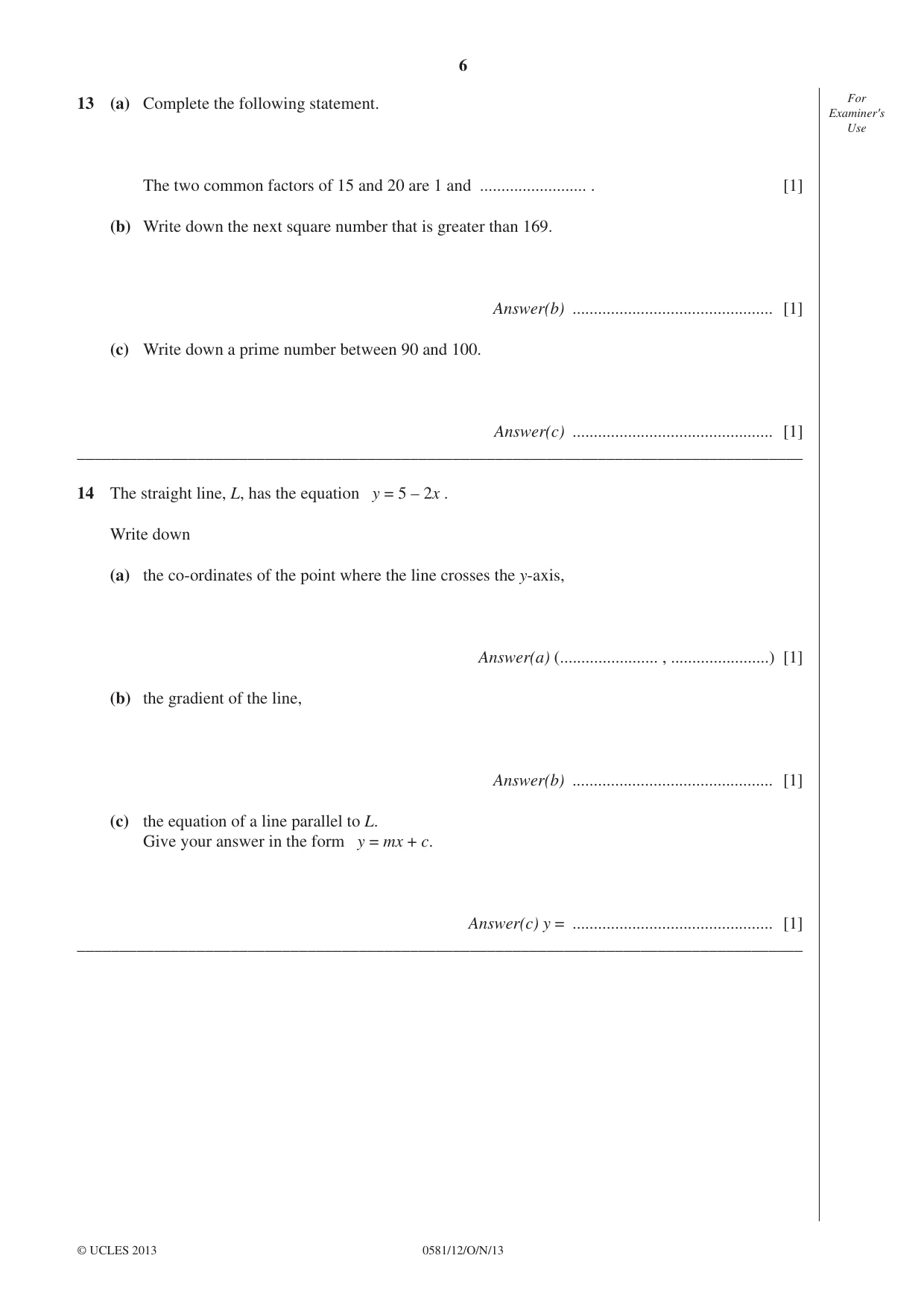 Cambridge IGCSE Mathematics (with coursework) 0581 2013 Oct/Nov Paper 1 · Variant 2 question paper, page 6 of 12