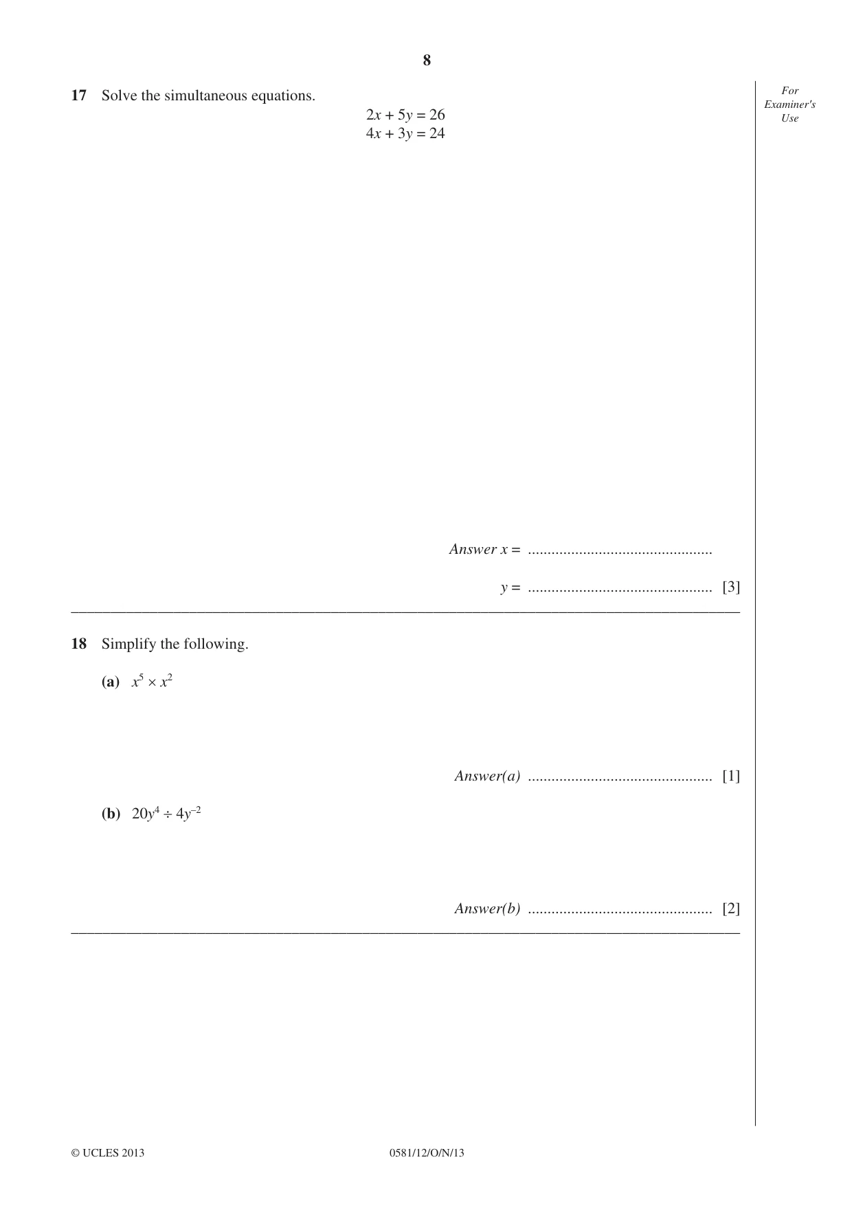 Cambridge IGCSE Mathematics (with coursework) 0581 2013 Oct/Nov Paper 1 · Variant 2 question paper, page 8 of 12