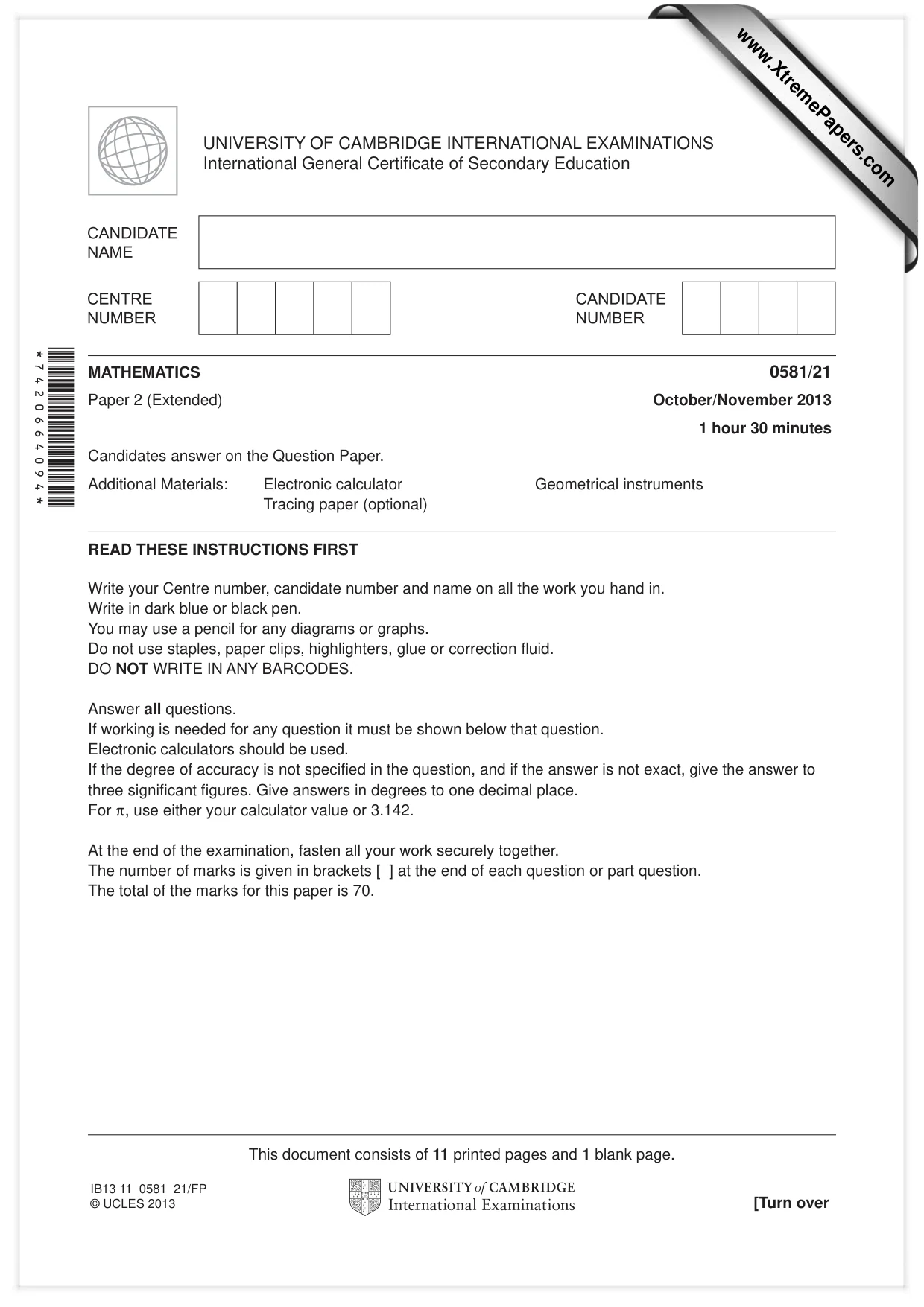 Cambridge IGCSE Mathematics (with coursework) 0581 2013 Oct/Nov Paper 2 · Variant 1 question paper, page 1 of 12