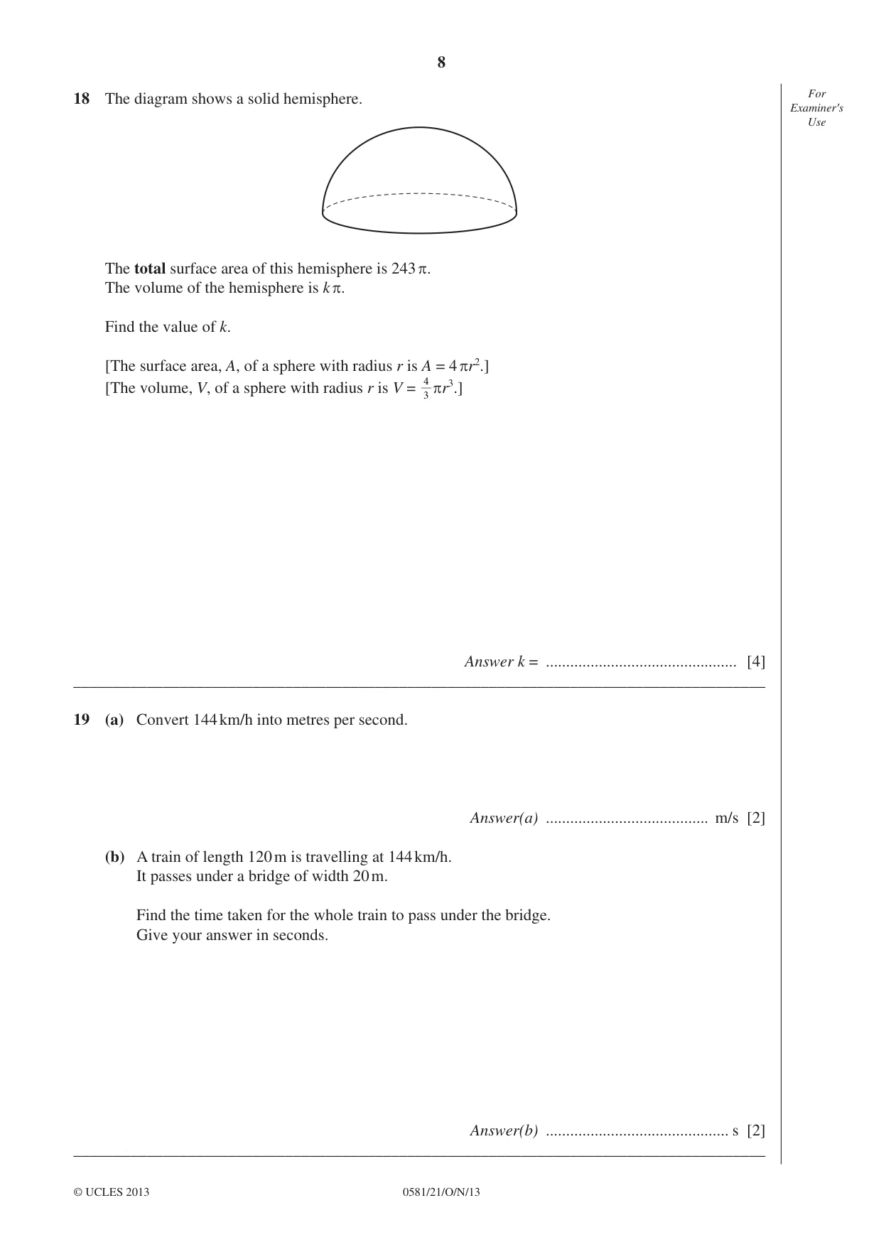 Cambridge IGCSE Mathematics (with coursework) 0581 2013 Oct/Nov Paper 2 · Variant 1 question paper, page 8 of 12