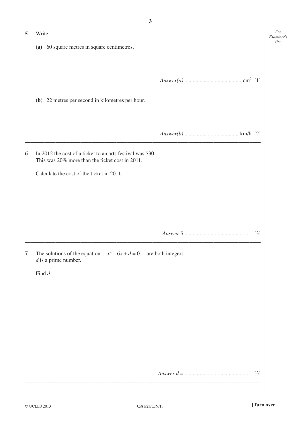 Cambridge IGCSE Mathematics (with coursework) 0581 2013 Oct/Nov Paper 2 · Variant 3 question paper, page 3 of 12
