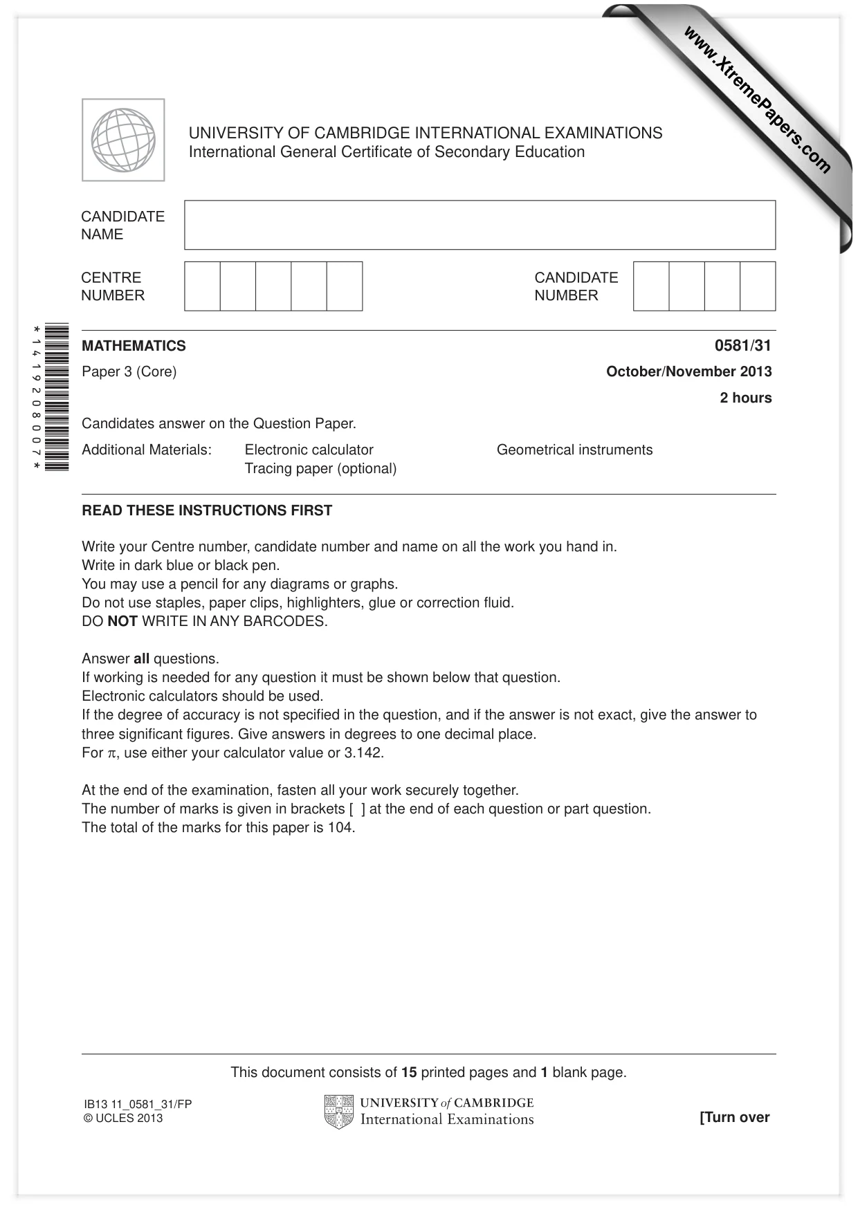 Cambridge IGCSE Mathematics (with coursework) 0581 2013 Oct/Nov Paper 3 · Variant 1 question paper, page 1 of 16